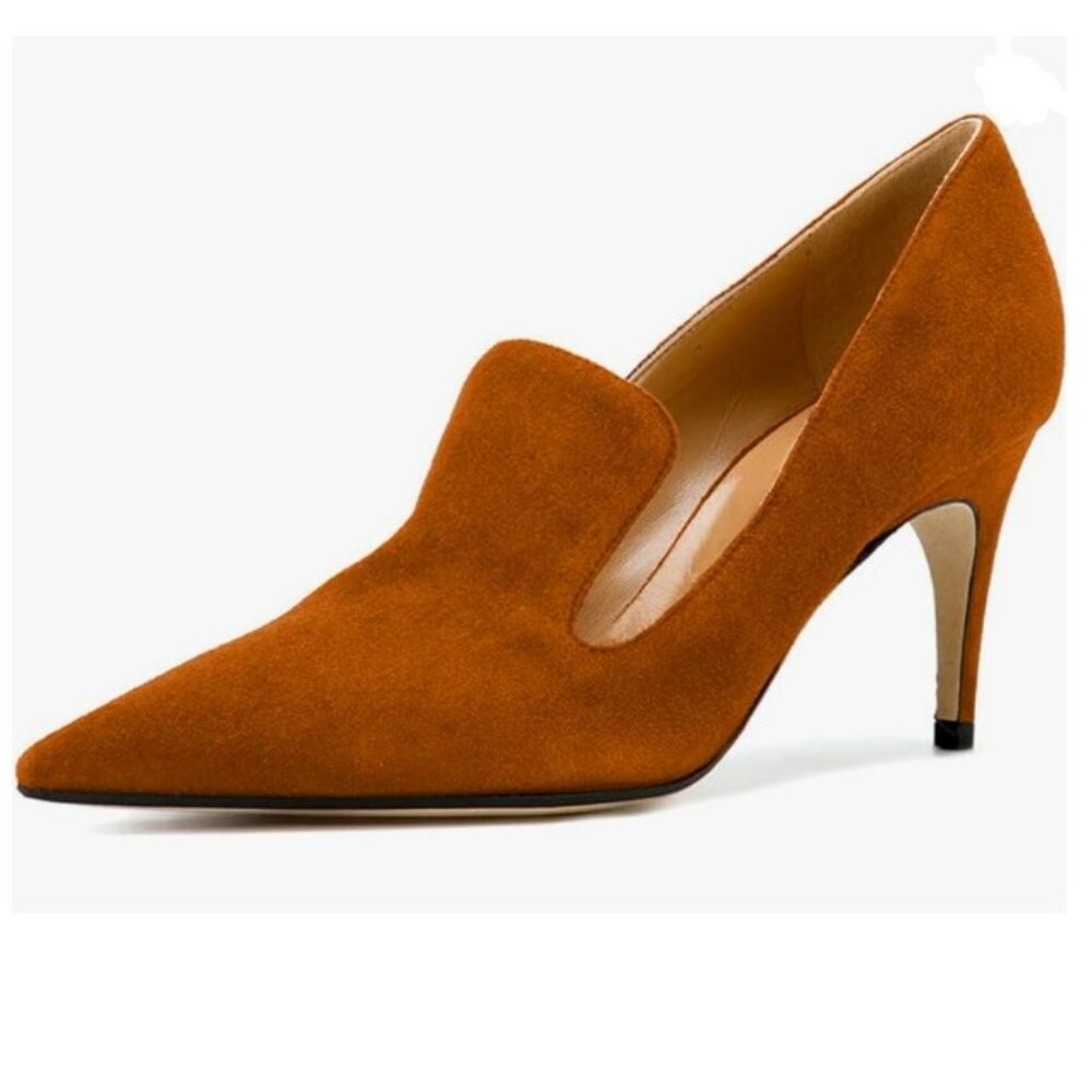YDN Brown Slip on Loafer Stilettos Heels Pumps Pointy Toe Slide Suede Prom Shoes